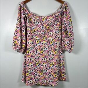 H&M Divided Dress M Floral Mini Smocked Puff Sleeve Boho Cottage Festival Girly